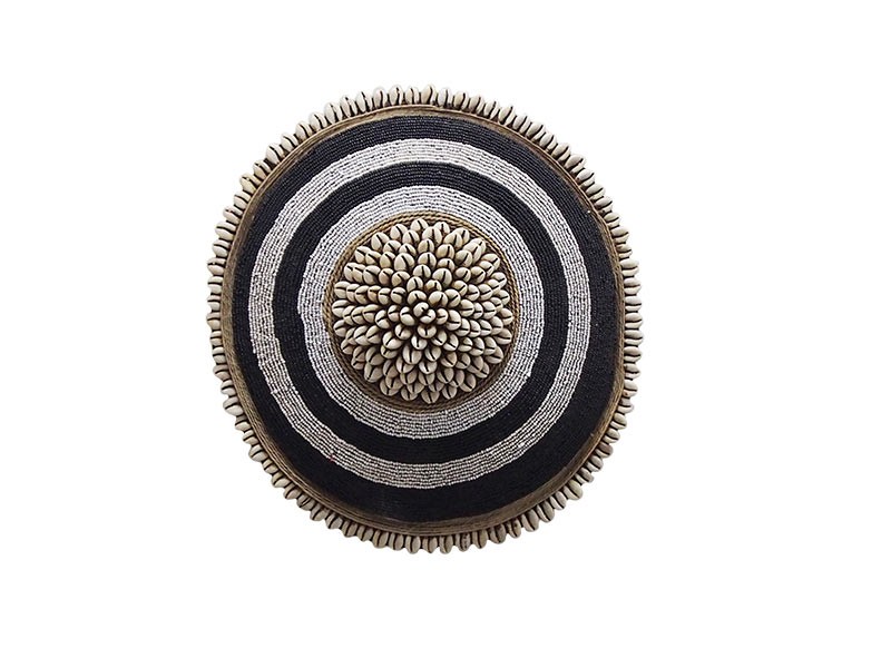Small Beaded Shield - Black with White Rings and Cowrie Center Small Beaded Shield - Black with White Rings and Cowrie Center