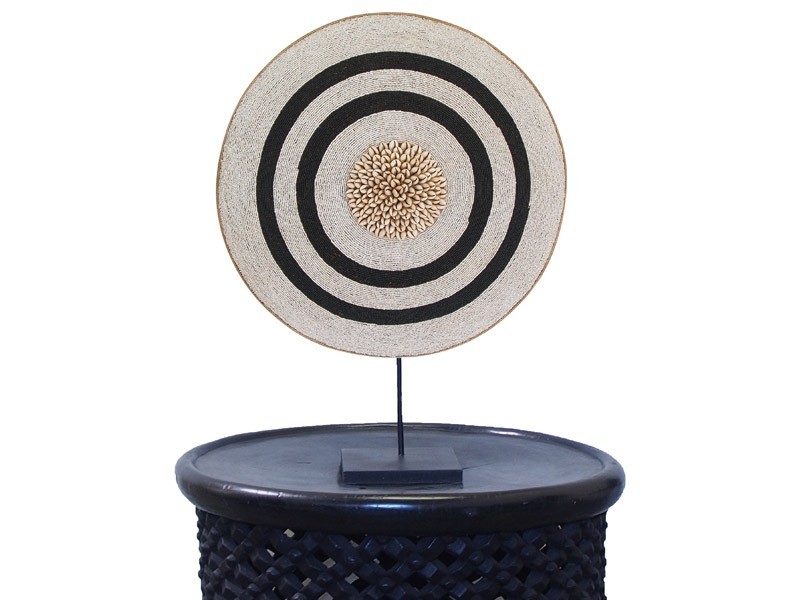 Beaded Shield - White With Black Rings and Cowrie Center Beaded Shield - White With Black Rings and Cowrie Center
