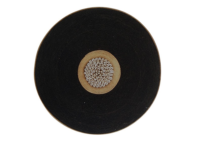 Beaded Shield - Black with Manilla String and Cowrie Center Beaded Shield - Black with Manilla String and Cowrie Center
