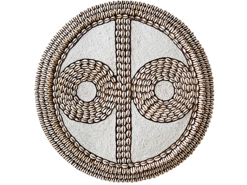 Large Beaded Shield with White Beads and Cowrie Shell Details Large Beaded Shield with White Beads and Cowrie Shell Details